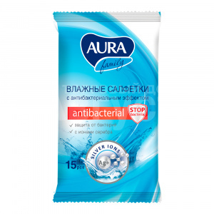 Влажные салфетки Aura Family с антибактериальным эффектом, 15 шт