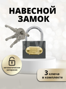 Замок навесной для шкафчика, 38х55мм, 3ключа, цвет серый