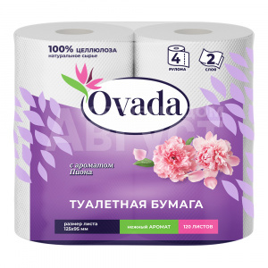 Бумага туалетная Ovada двухслойная, аромат пиона, 15 м, 4 шт