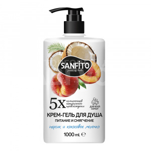 Крем-гель для душа Sanfito Персик и кокосовое молочко Питание и смягчение, с дозатором, 1 л