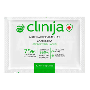 Влажные салфетки CLINIJA со спиртом с антибактериальным эффектом, саше, 1 шт