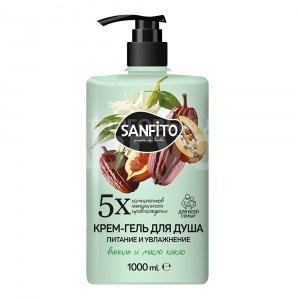 Крем-гель для душа Sanfito Ваниль и масло какао Питание и увлажнение, с дозатором, 1 л