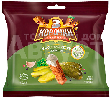 Сухарики 3 корочки со вкусом малосольные огурцы +соус тартари 25мл, 60 г
