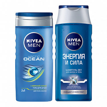 Набор Nivea MEN Энергия и Сила (гель для душа Arctic ocean 250 мл + шампунь-уход Энергия и сила 2 в 1 250 мл), мужской